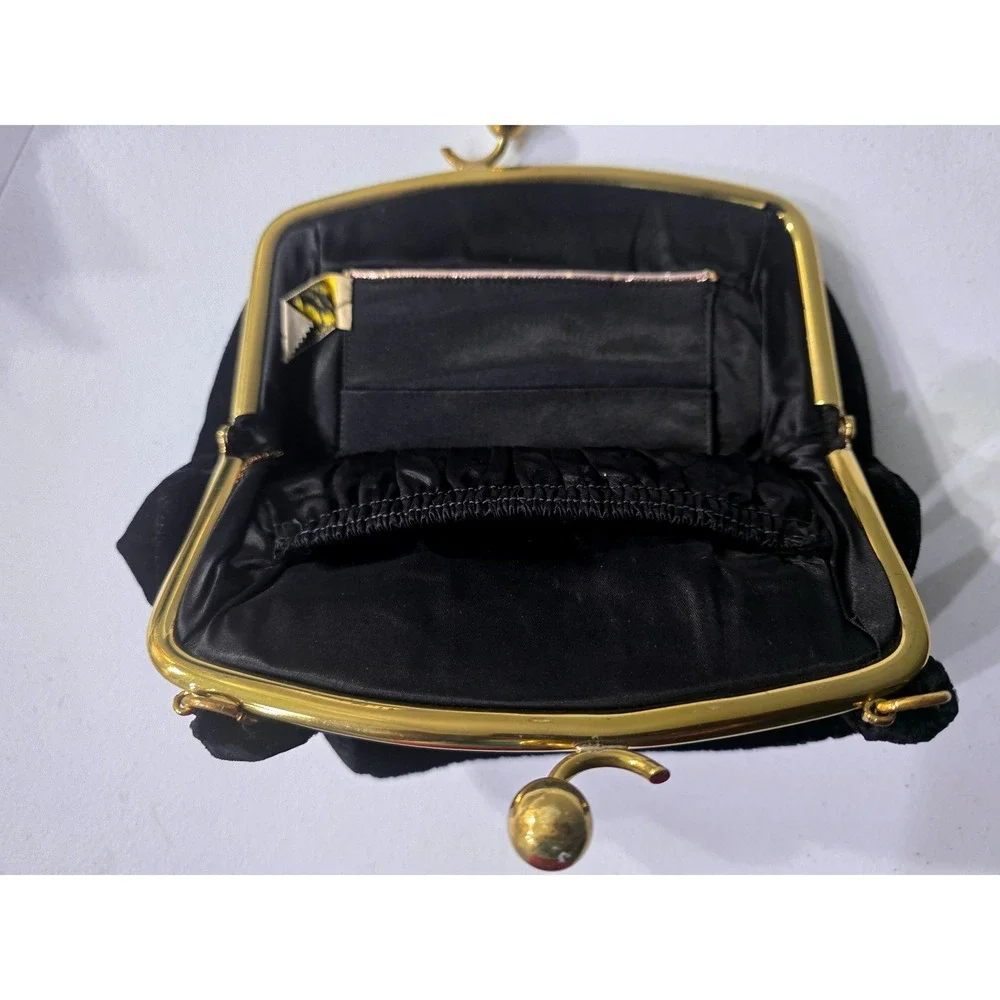 Vintage MM Black Velvet Evening Bag Gold Tone Kiss Lock Frame Top Handle Purse